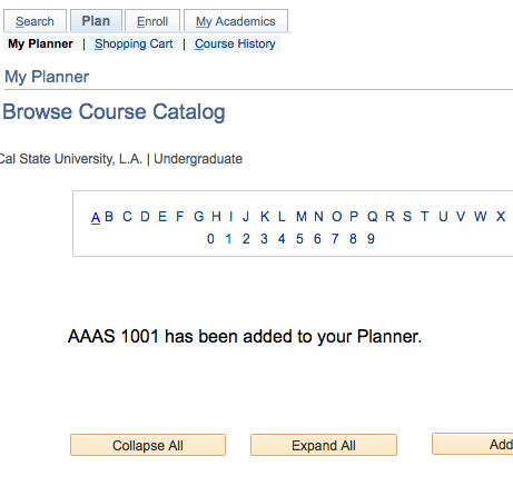 Browse Course Catalog button in My Planner