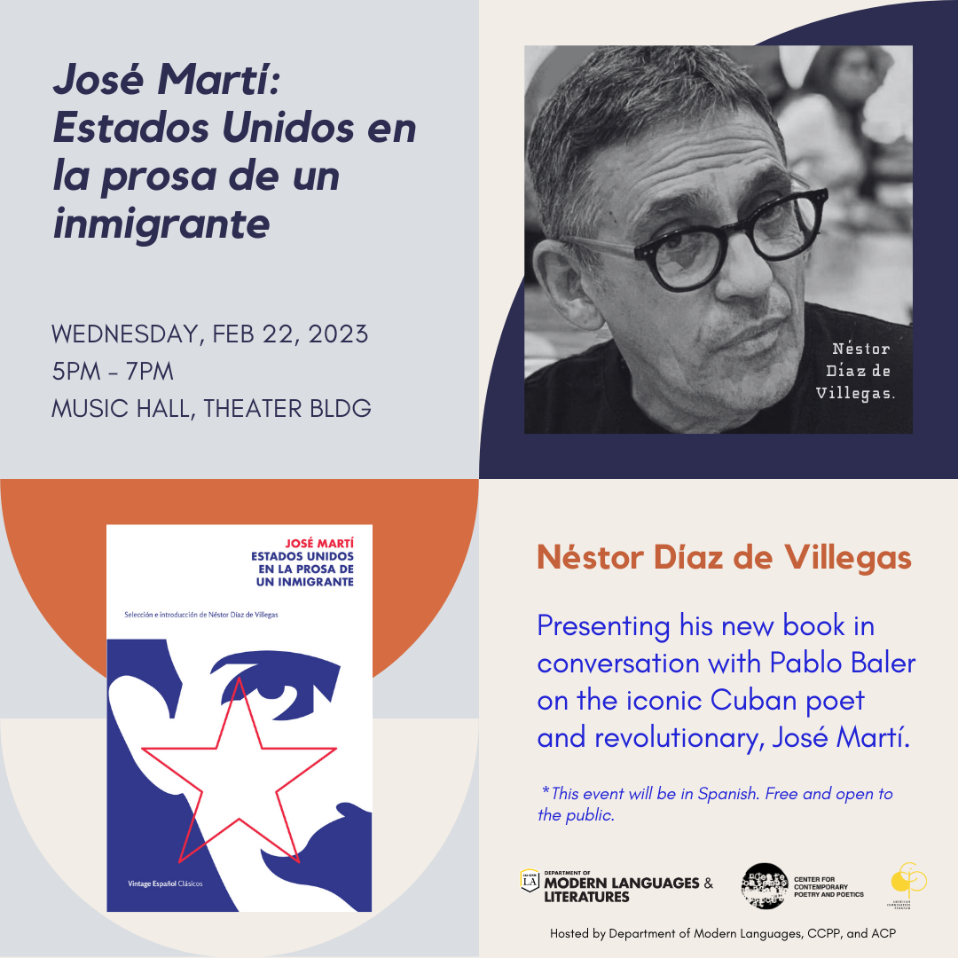 Black and white photo of Néstor Díaz de Villegas in top right corner, his new book in the bottom left is an illustration.