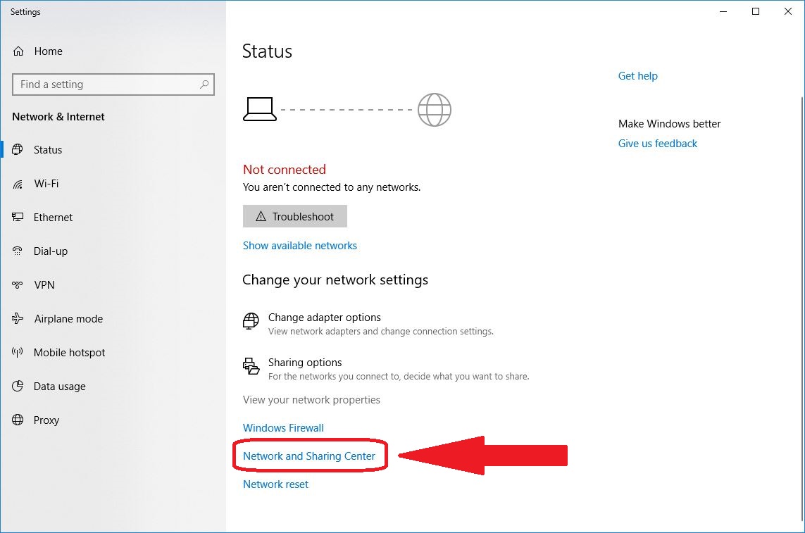 WiFi setting Network and Sharing Center