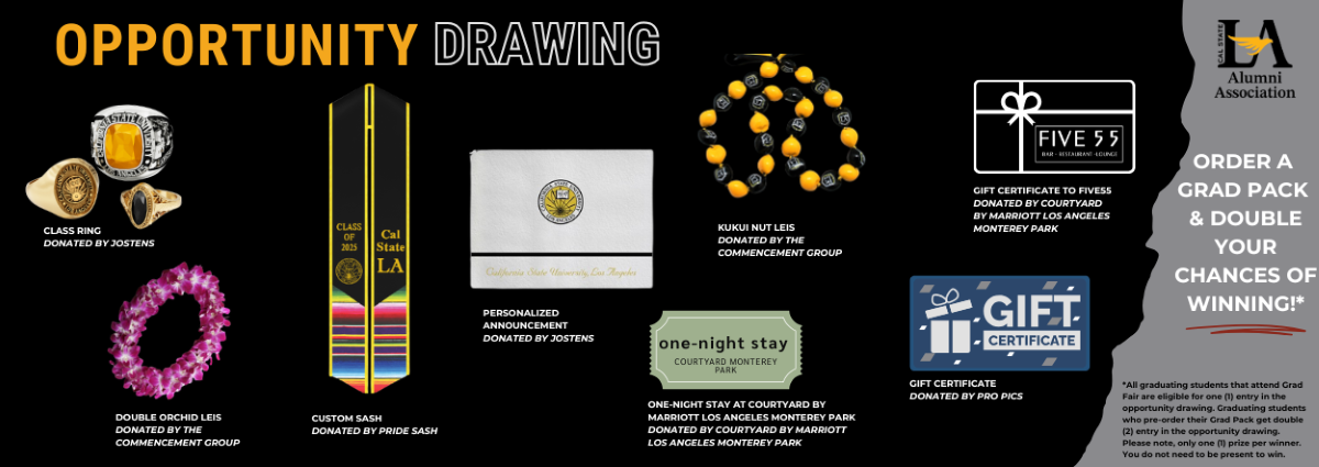 Grad Fair 2026 opportunity drawing flyer for graduate attendees, featuring graduation prizes .  Order a grad pack for extra entry.