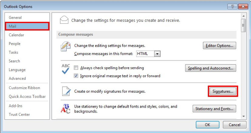 Outlook options dialog box