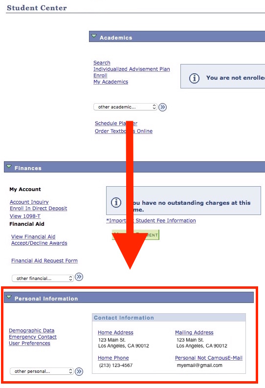Screenshot of Student Center Personal Information section showing Personal Information like Home Address, Phone, Personal email
