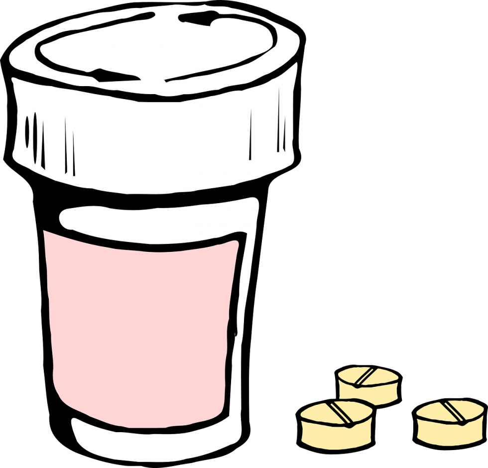 Cartoon of a prescription pill bottle next to 3 pills