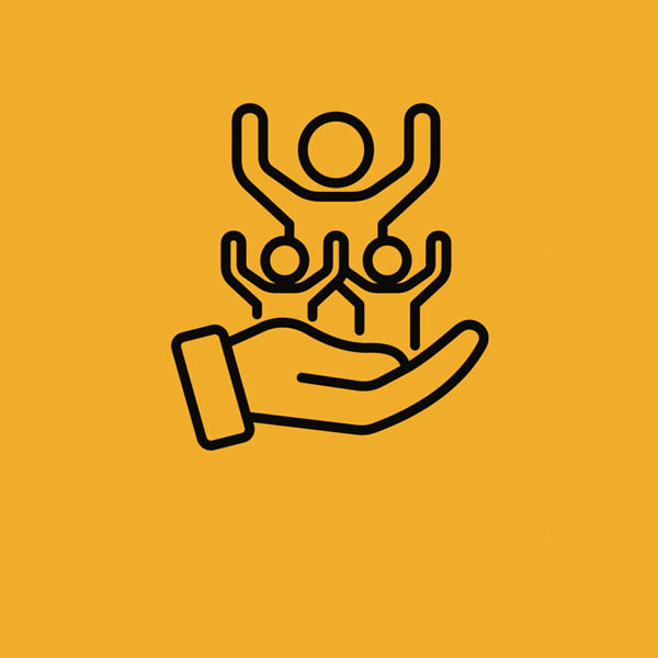 an icon showing a group of people being carried by a hand.
