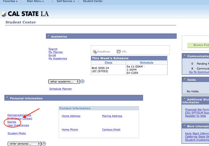 Screenshot of Student Center with Names link highlighted