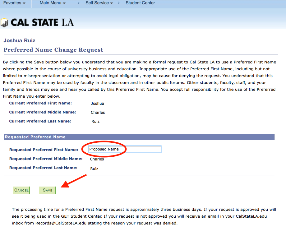 Screenshot of Preferred First Name Change Request screen with Preferred First Name Save button highlighted