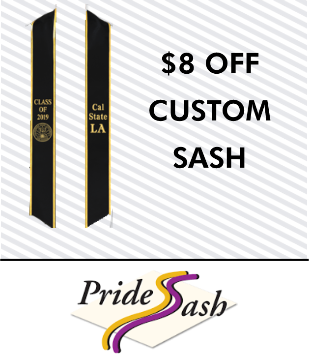 Image desciption: Sample of custom sash in black and gold. Text reads $8 off custom sash with Pride Sash