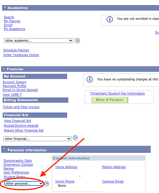 Screenshot of Student Center with drop-down menu highlighted
