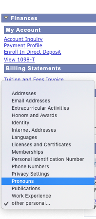 Screenshot of Student Center with Pronouns option highlighted