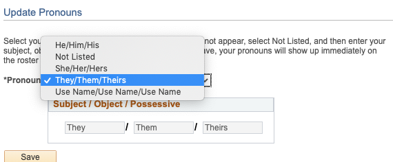 Screenshot of Update Pronouns screen with drop-down pronouns options visible