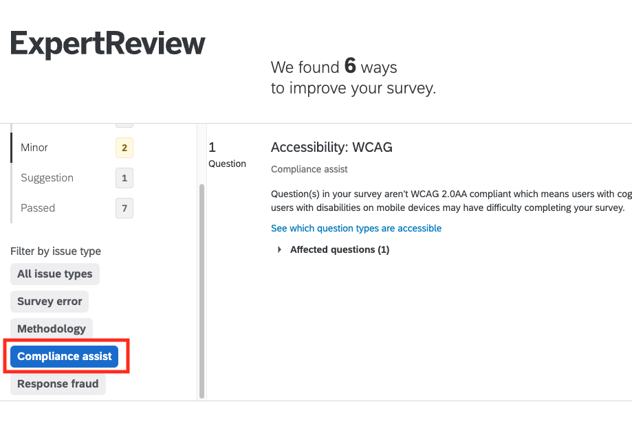 Qualtrics ExpertReview results filtered by "Compliance assist" type.