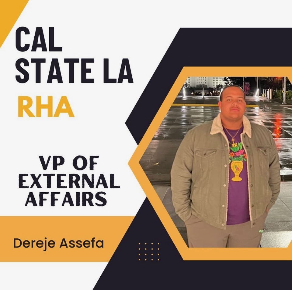 Cal State LA RHA VP of External Affairs. White background with yellow and black lines. Dereje with his hands in his pant pockets in a wet parking lot.