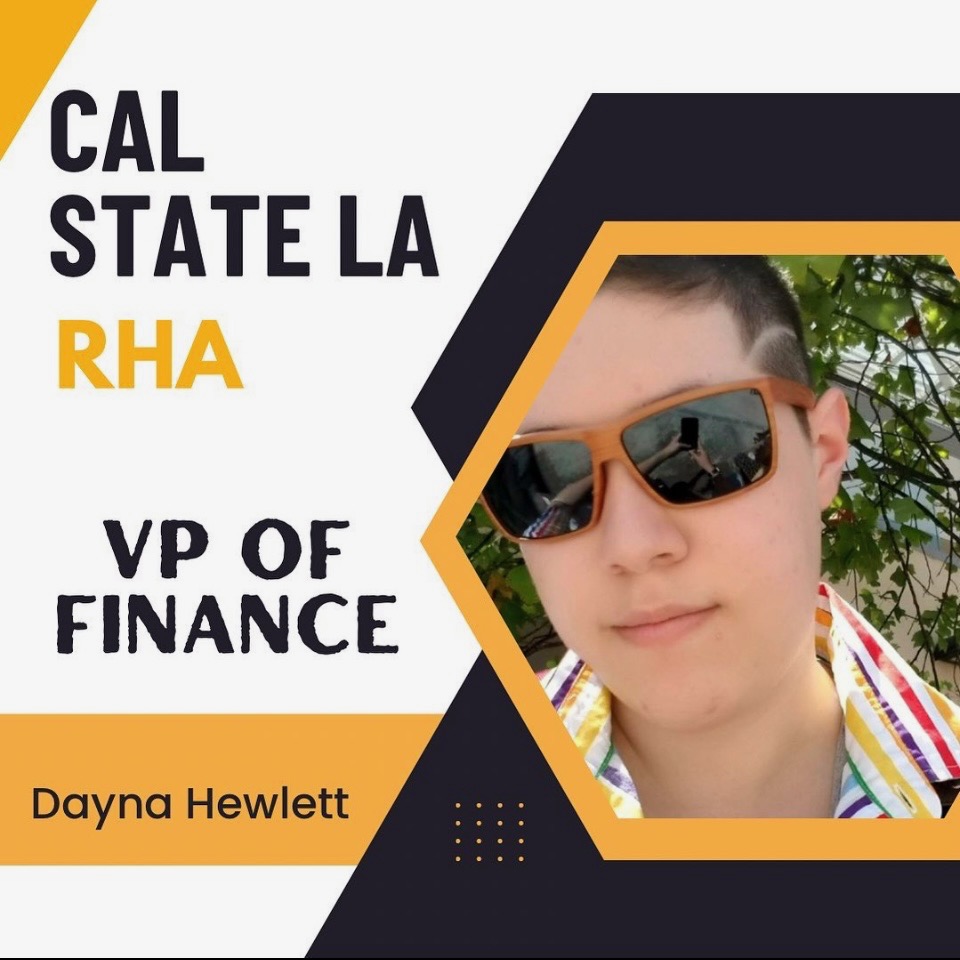 Cal State LA RHA PV of Finance Dayna Hewlett. White background with yellow and black lines. Close up of Dayna wearing sunglasses..
