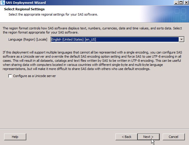 Select Regional Settings Screen of the SAS Deployment Wizard