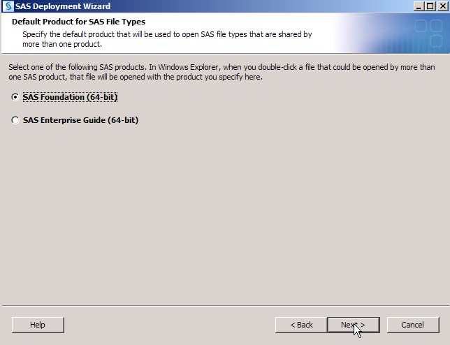Default Product for SAS File Types Screen of the SAS Deployment Wizard