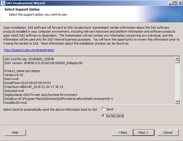 Select Support Option Screen of the SAS Deployment Wizard