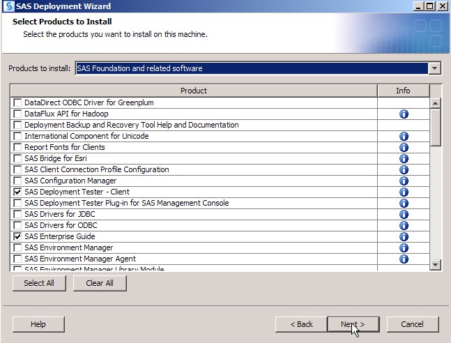 Select Products to Install Screen of the SAS Deployment Wizard