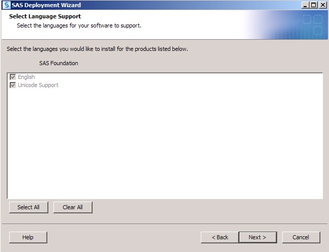 Select Language Support Screen of the SAS Deployment Wizard