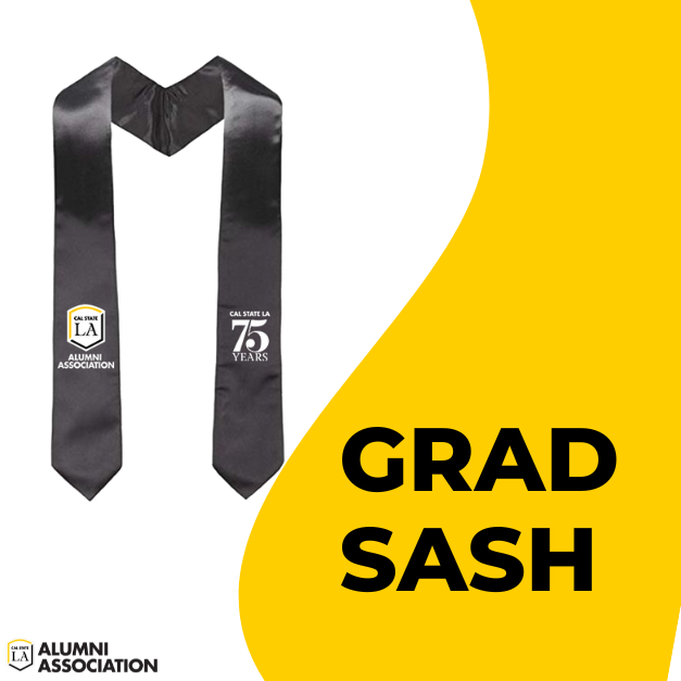 Dark gray graduation sash with cal state la alumni association logo on one side and cal state la 75th anniversary mark on the other side