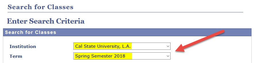 Screenshot of Class Search with Institution and Term highlighted