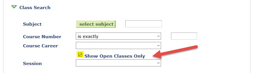 Screenshot of Class Search with Open Classes Checkbox highlighted