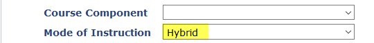Screenshot of Class Search with Mode of Instruction - Hybrid highlighted