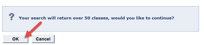Screenshot of Class Search with More than 50 Sections message