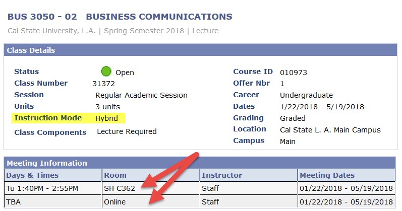 Screenshot of Class Search with Hybrid Course Room highlighted showing both traditional and online room assignment