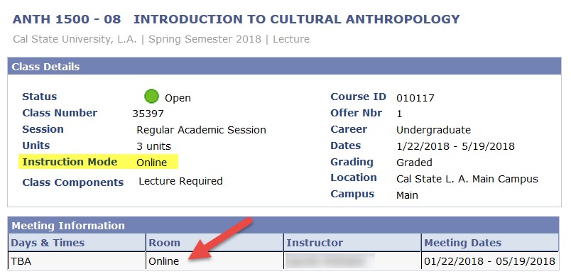 Screenshot of Class Search with Online Course Room highlighted showing online room assignment