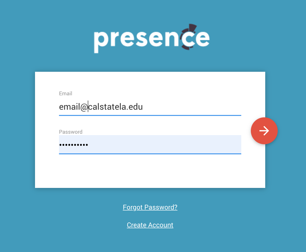 Login screen shot to Presence platform with example of Cal State LA email address.