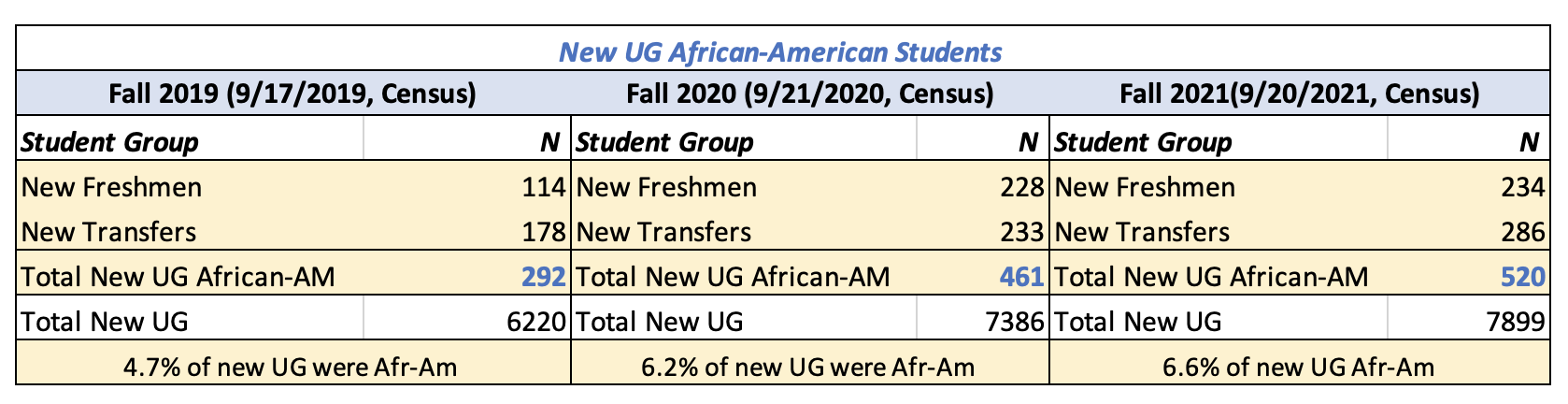 New Undergraduate African AMerican Students Data table from 2019 to 202