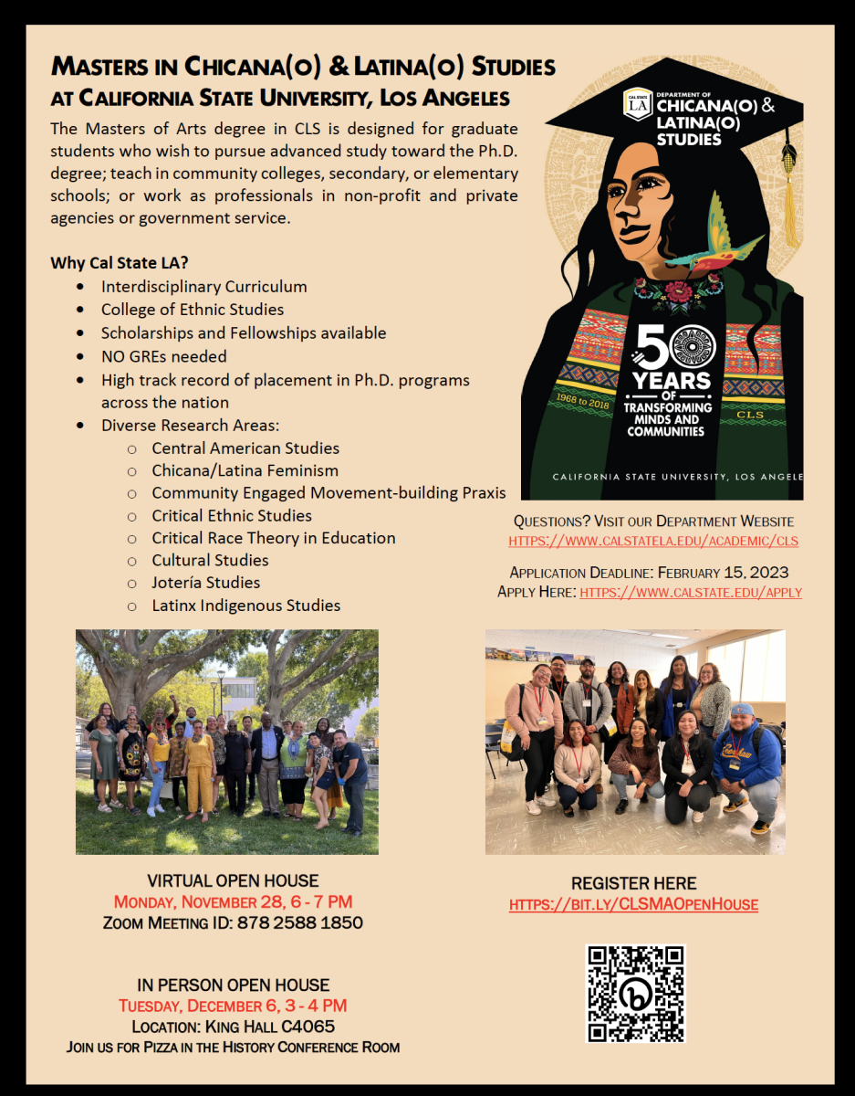 Masters in chicana(o) & Latina(o) Studies at Cal State LA. Call department for more information.