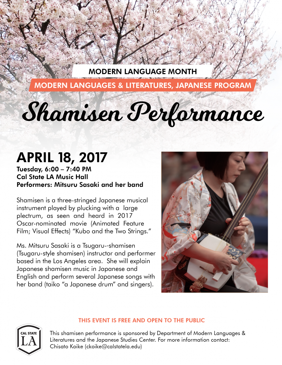 shamisen performance april 18 at 6 pm in music hall free event