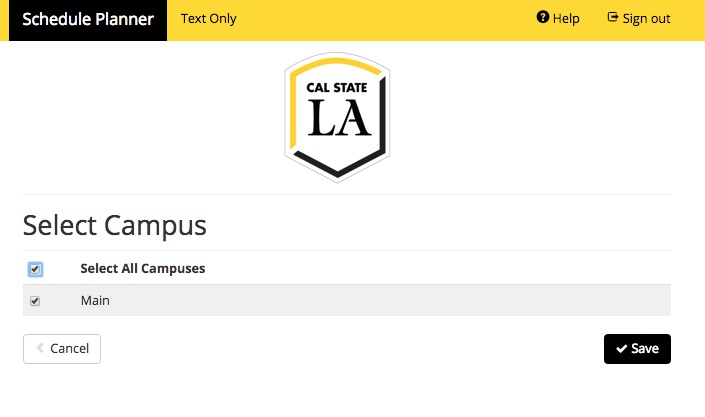 Screenshot of Schedule Planner showing checkboxes for Select Campus and showing Campus as Main