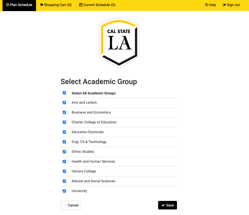 Screenshot of Schedule Planner with header Select Academic Group.  This shows all the Academic Groups, which are the Colleges on campus, such as Arts and Letters, Business and Economics, etc.