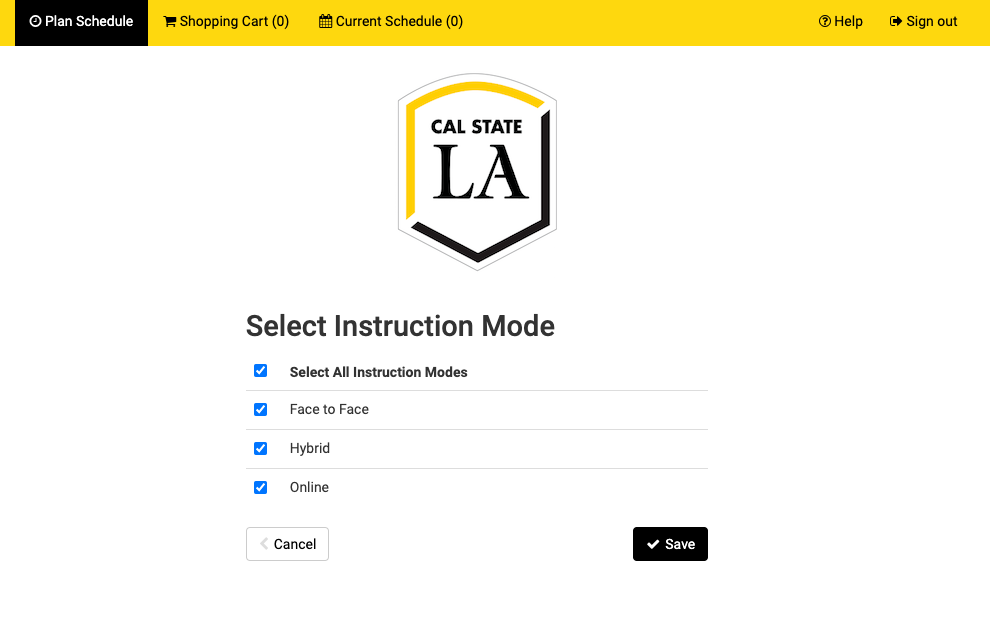Screenshot of Schedule Planner with header Select Instruction Mode.  This shows options for how classes are taught.