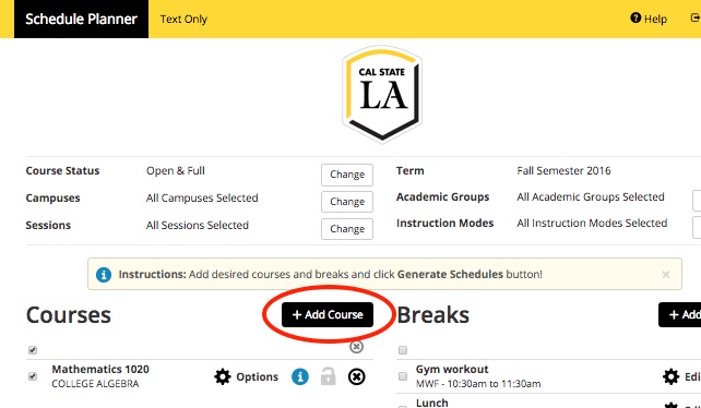 Screenshot of Schedule Planner with header Add Course.  This shows a course selected and highlights the Add Course button