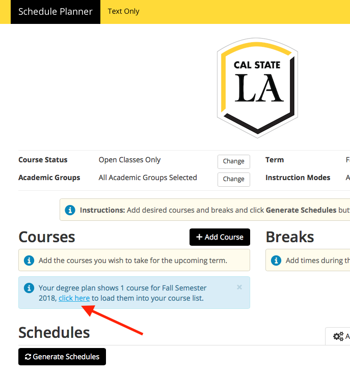 Screenshot of Schedule Planner - Degree Planner link
