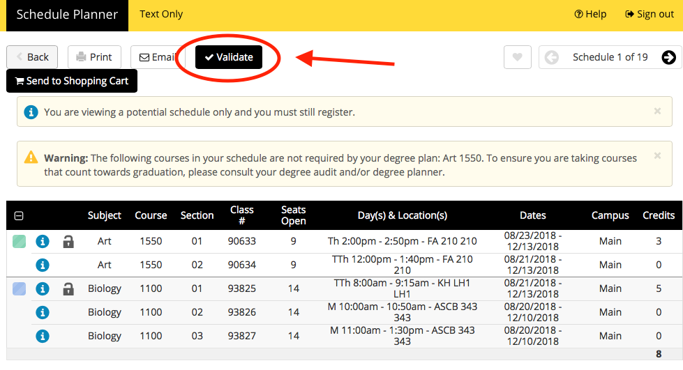 Screenshot of Schedule Planner - Validate Schedule button highlighted
