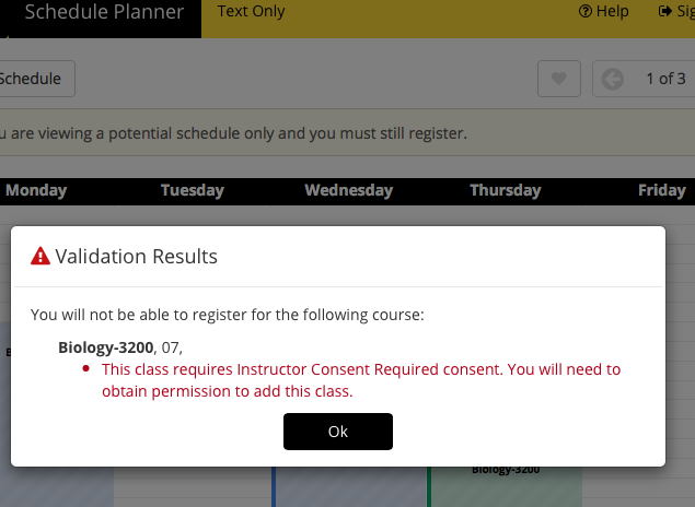 Screenshot of Schedule Planner - Unsuccessful Validate Schedule - requires instructor consent