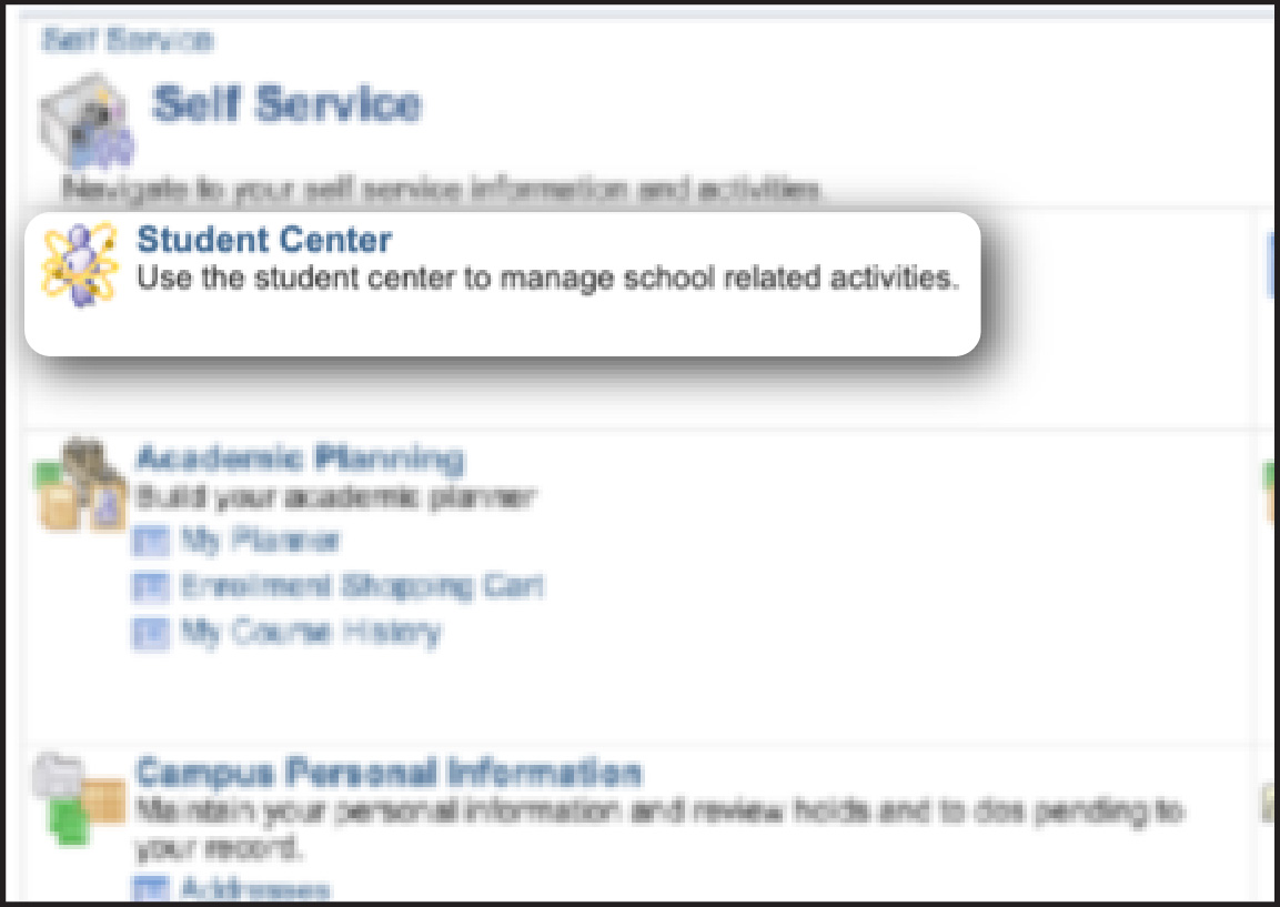 Screenshot highlighting link to Student Center.