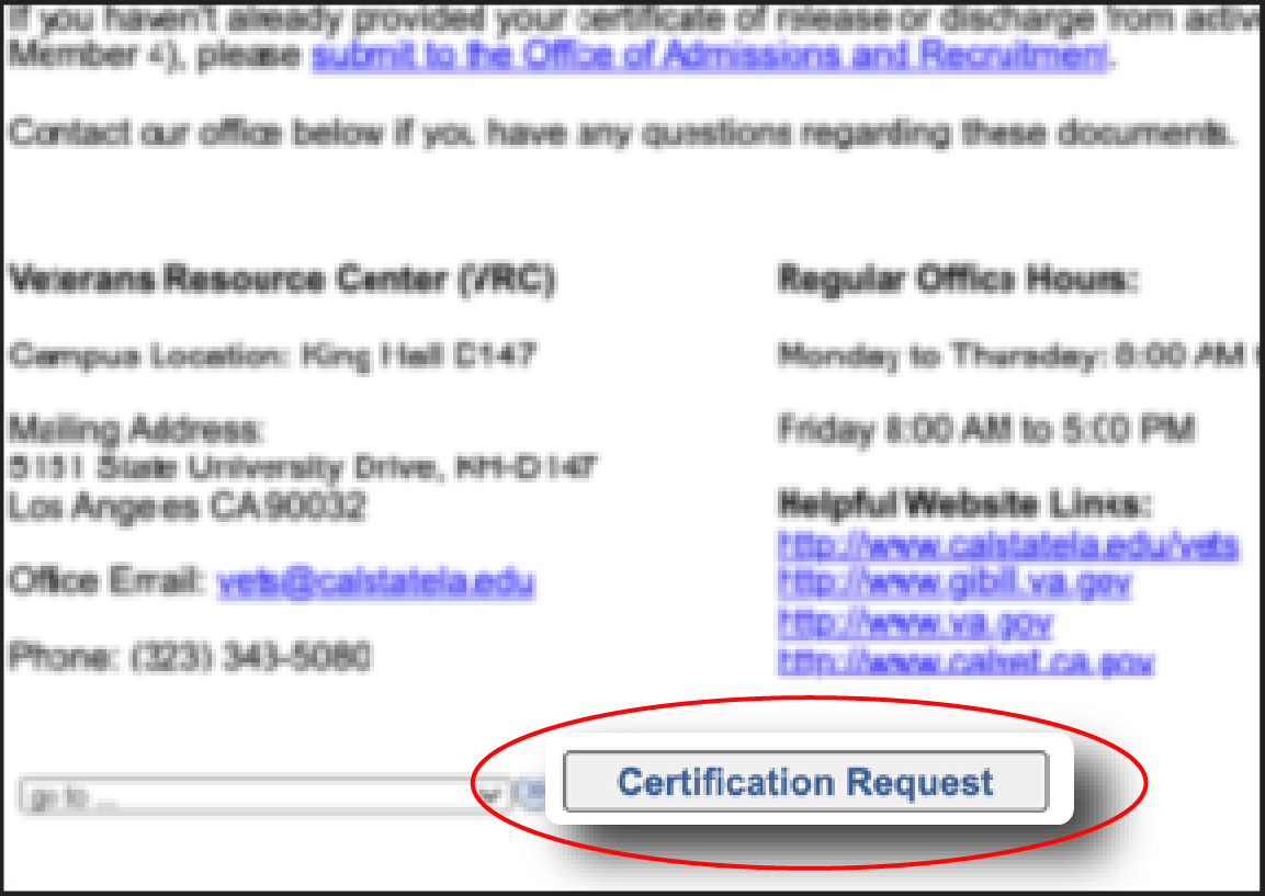 Online form, circle around Certification Request button at the bottom of the form