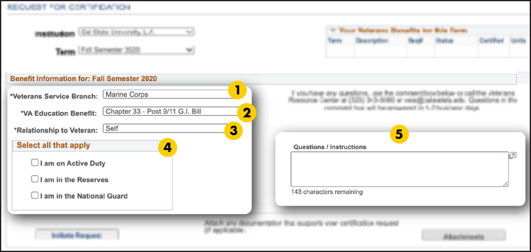 Online form, Veterans Service Branch, VA Education Benefit, Relationship to Veteran, Select all that apply and Questions/Instructions are numbered 1-5.