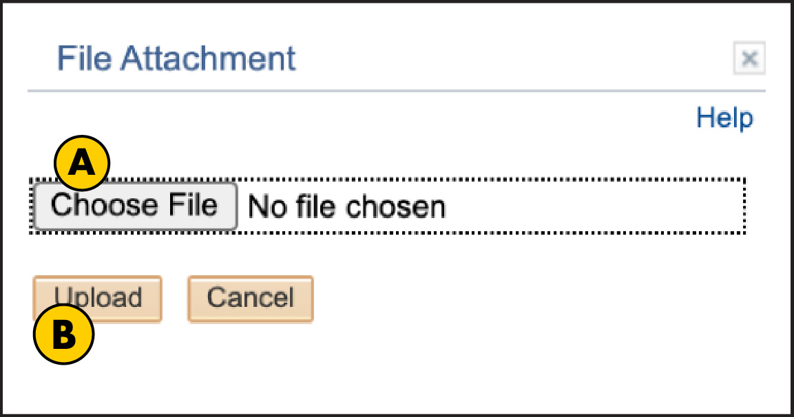Online form, label A highlights Choose File button and B highlights Upload button