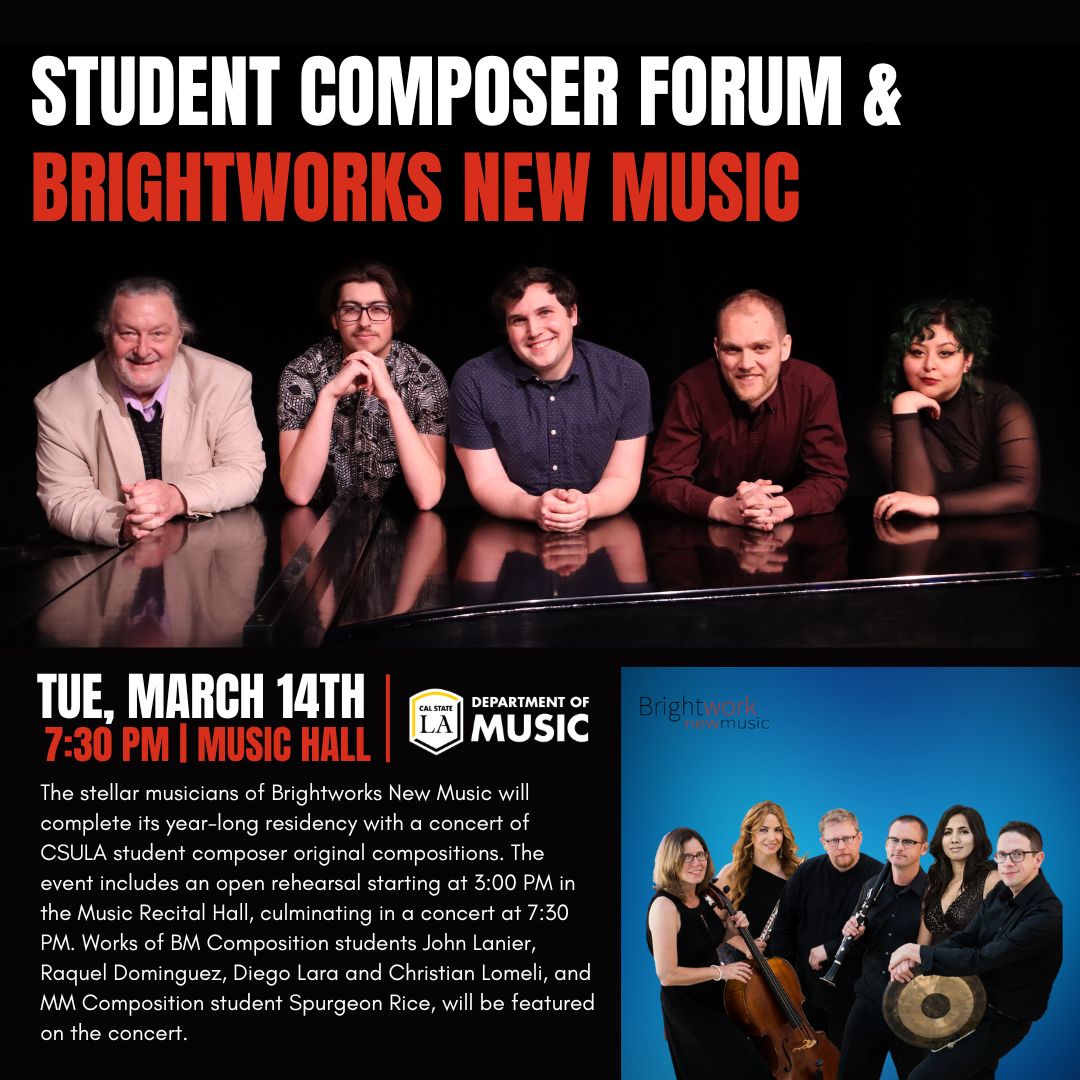 Photo of the student composers leaning atop a piano and the Brightworks New Music group.