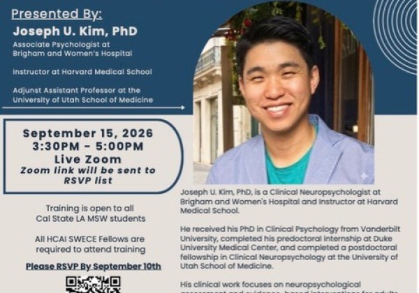 cream and blue flyer with photo of speaker providing informative details about the event.