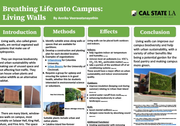 Living Walls poster by Annika Veeravatanayothin, proposing living walls on campus buildings to improve biodiversity, air quality, and sustainability.