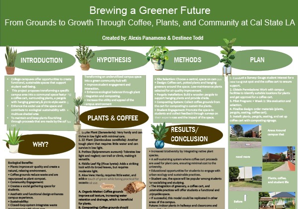 Brewing a Greener Future: From Grounds to Growth Through Coffee, Plants, and Community at Cal State LA Poster A green and brown-themed poster titled Brewing a Greener Future: From Grounds to Growth Through Coffee, Plants, and Community at Cal State LA, created by Alexis Panameno and Destinee Todd. The poster presents a proposal to repurpose used coffee grounds for plant growth on campus.