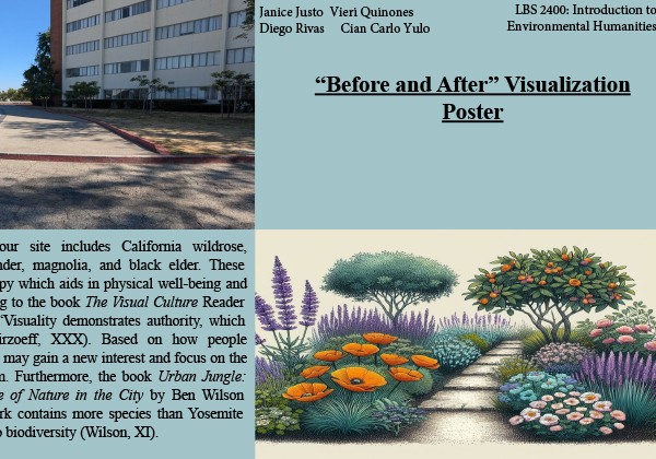 Poster proposing a before-and-after visualization project featuring native California plants to enhance biodiversity on campus.