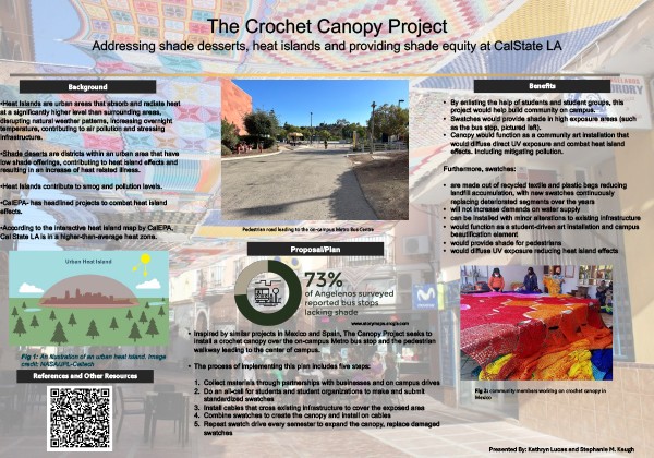 Poster proposing a crochet canopy project to address heat islands and provide shade equity on campus.